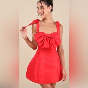 Glamorous Luxury Red Taffeta Bow Lace-Up Mini Dress